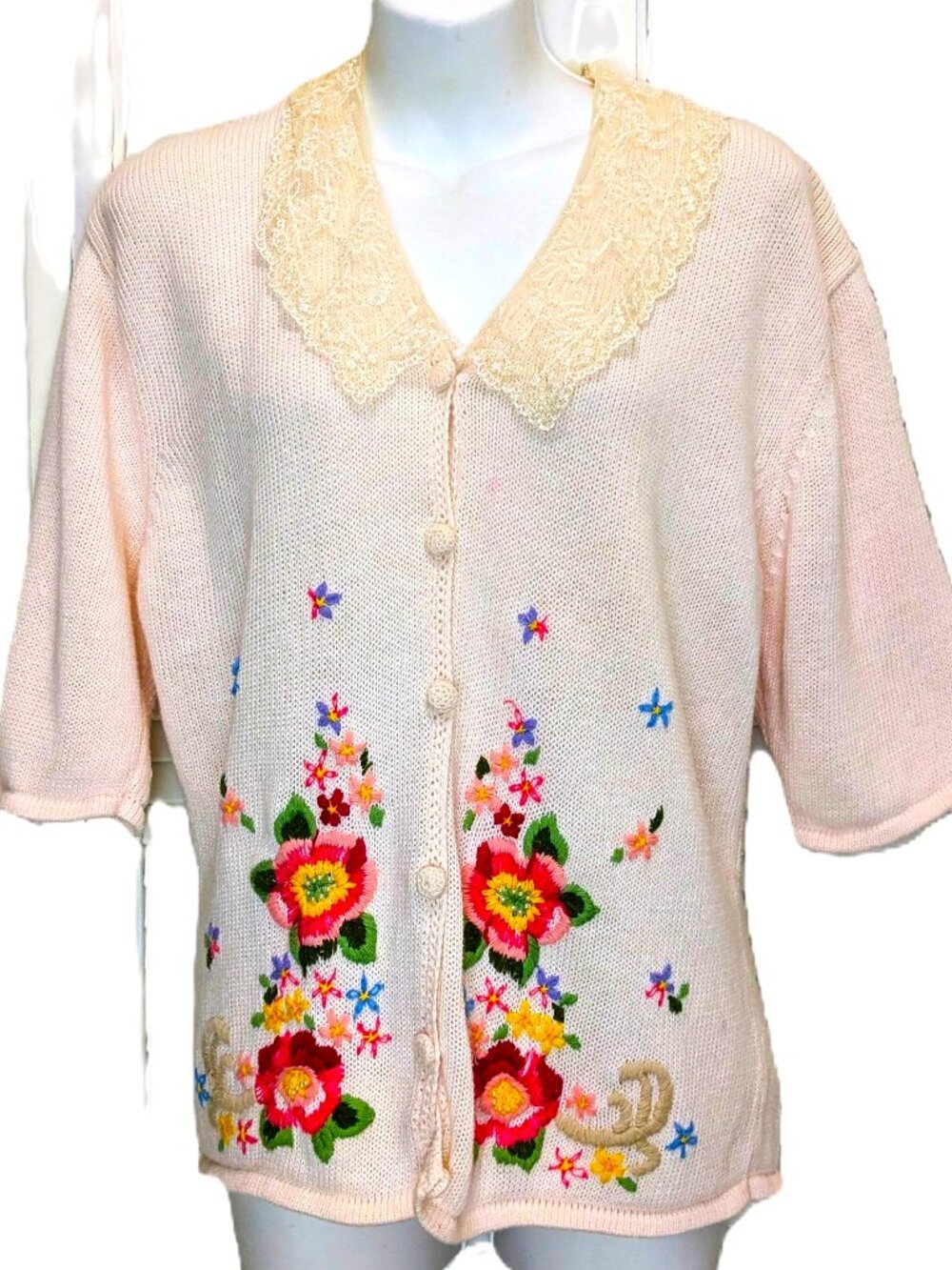 VTG Susan Bristol Embroidered Sweater Lace Collar Cardigan Pink Cottage LARGE